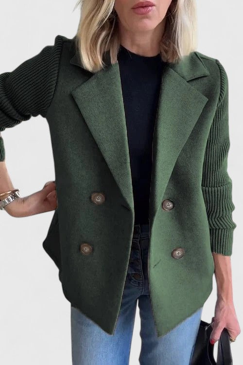 Eleanor Whitmore | Pink Double-Breasted Blazer with Contrast Knit Sleeves