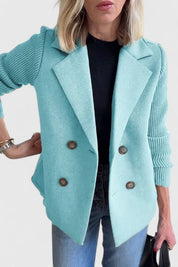 Eleanor Whitmore | Pink Double-Breasted Blazer with Contrast Knit Sleeves