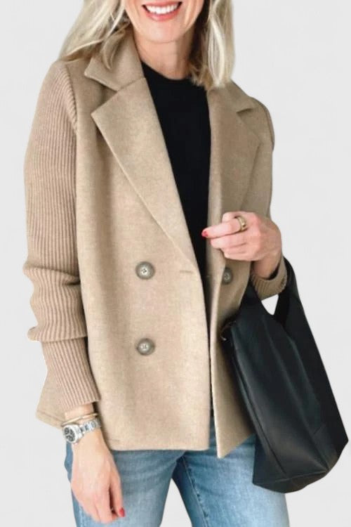 Eleanor Whitmore | Pink Double-Breasted Blazer with Contrast Knit Sleeves