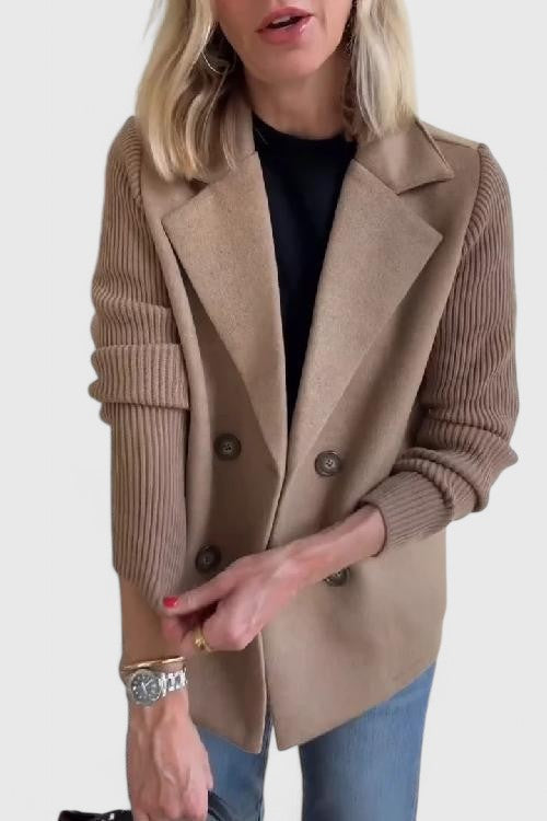 Eleanor Whitmore | Pink Double-Breasted Blazer with Contrast Knit Sleeves