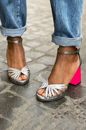 Isabelle Vanthorpe | Metallic Silver Block Heel Sandals with Fuchsia Heel