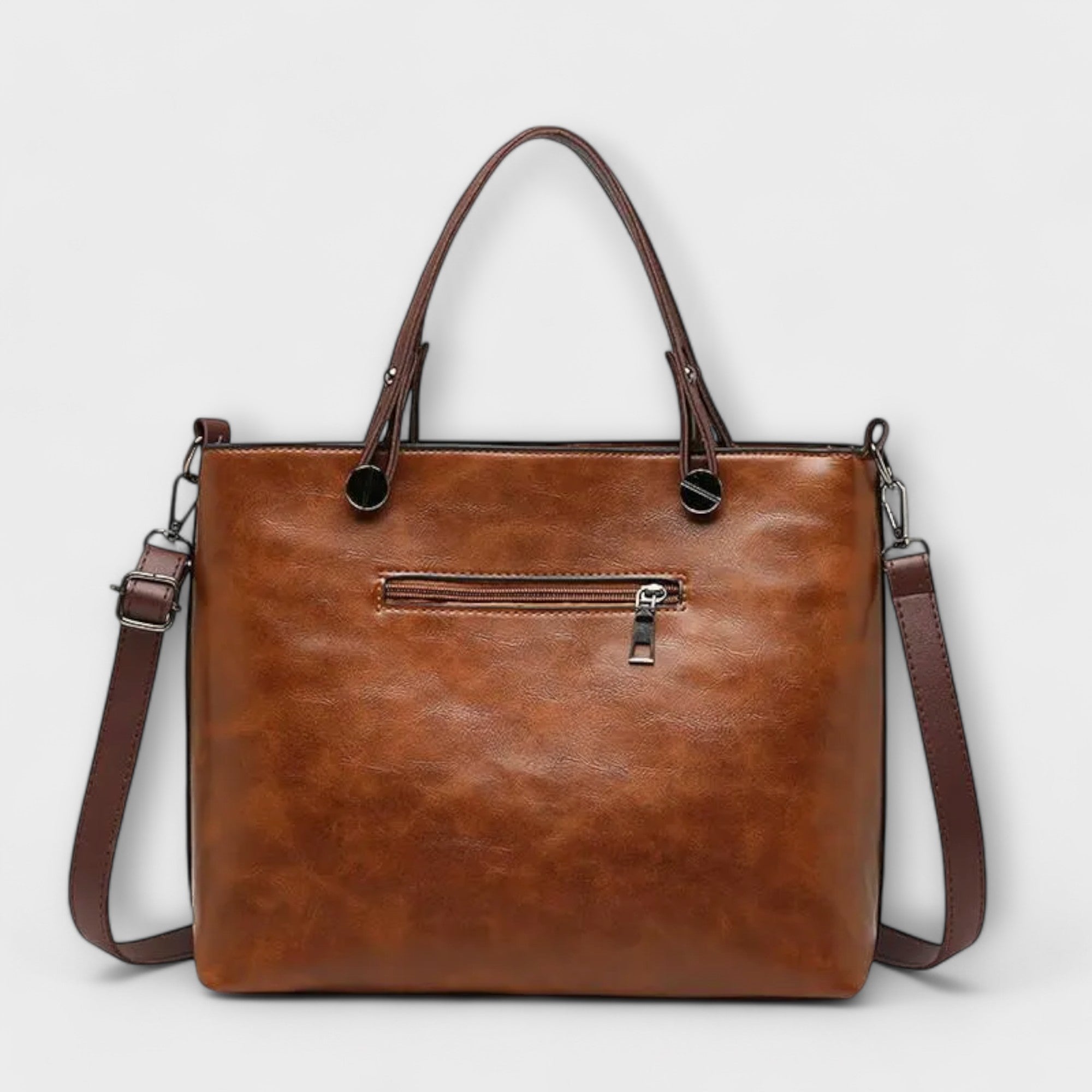 Genevieve Stourcourt | Brown Faux Leather Tote Bag with Front Pockets
