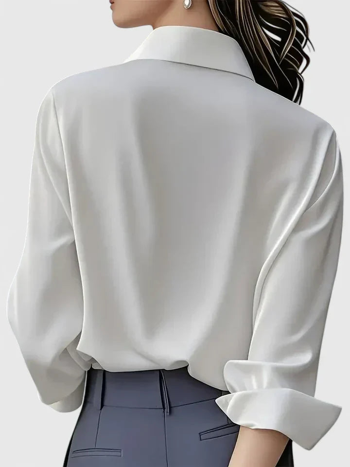 Vivienne Hartwell | Navy Blue Satin Long-Sleeve Button-Down Shirt