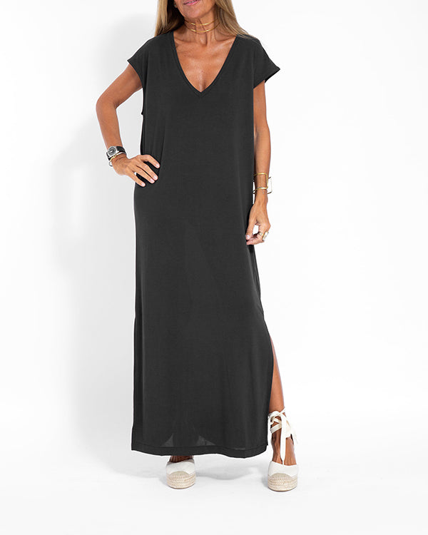 Margeline Vossclair | Coral V-Neck Side Slit Maxi Dress
