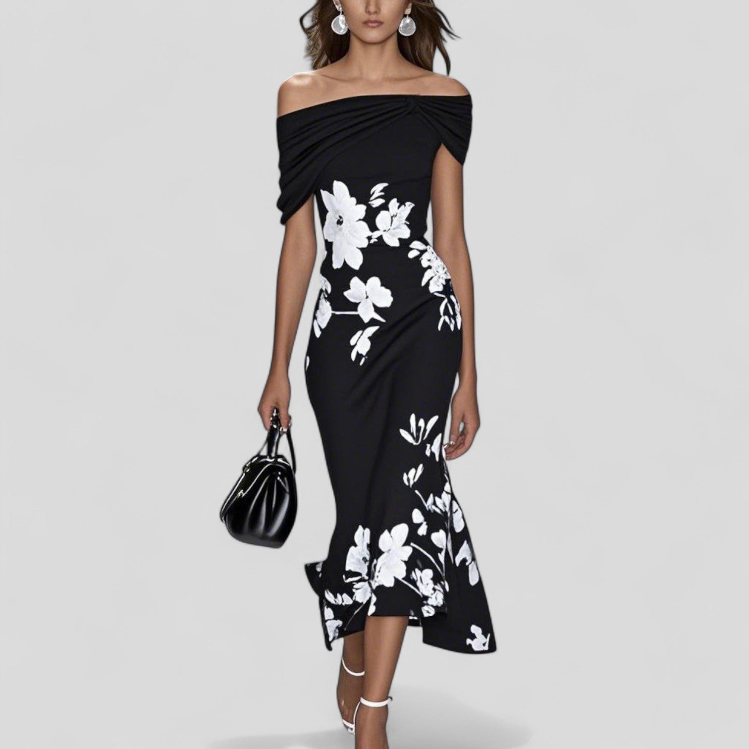 Celeste Normandy | Green Floral Off-Shoulder Midi Dress