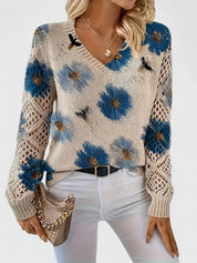 Rosalinde Fonteclair | Floral Knit V-Neck Sweater with Lace Sleeves