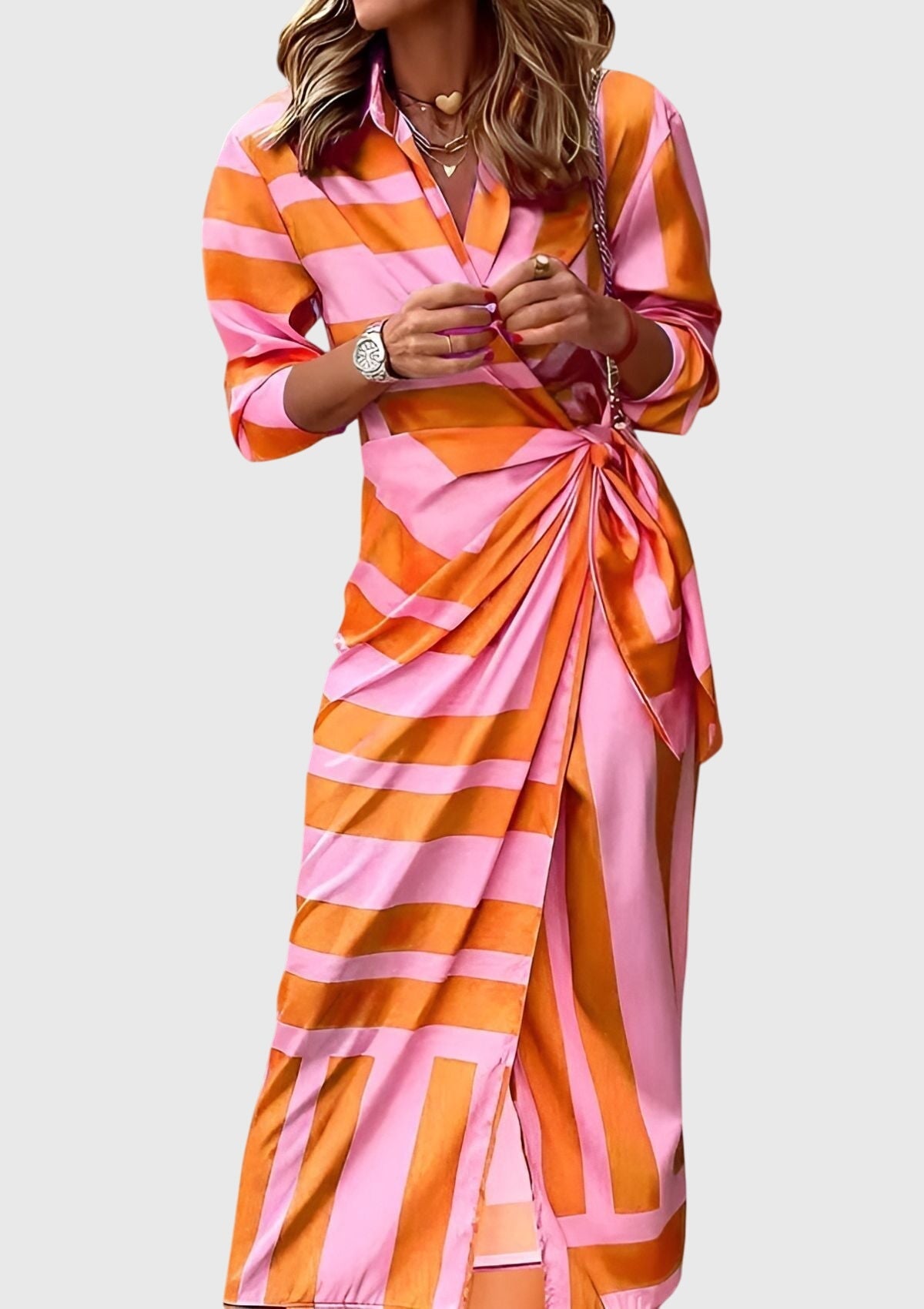Delphine Vauclaire | Orange & Pink Geometric Print Wrap Midi Dress
