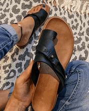 Corinna Blackthorn | Flat Toe Ring Sandals in Black Boho Slide