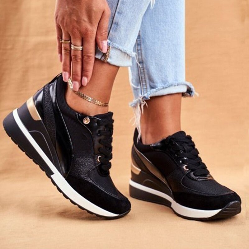 Celestine Dawnford | Black & Gold Platform Sneakers for Women