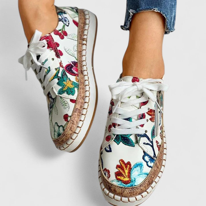 Rosalinda Ashvere | Floral Print Platform Lace-Up Sneakers with Cork Sole
