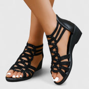 Elara Montveil | Rhinestone Gladiator Wedge Sandals in Beige