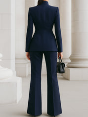 Eleanora Vantisse | Navy Blue Stand Collar Blazer & Wide Leg Pants Two-Piece Set