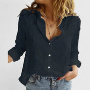 Corinna Ashvale | Women's Navy Linen Button-Down Shirt with Lapel Collar