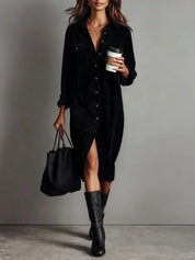 Corinthia Blackwell | Camel Corduroy Midi Shirt Dress