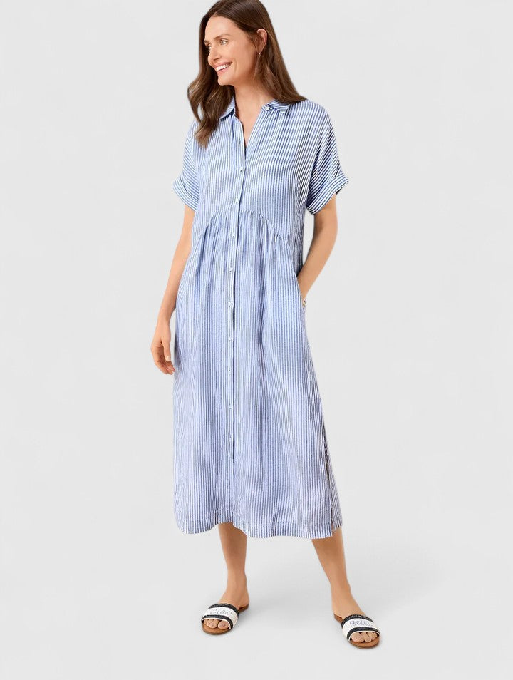 Marisol Cleverton | Blue Striped Linen Midi Shirt Dress
