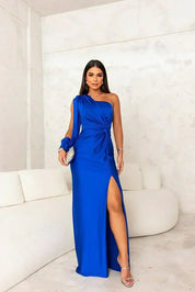 Seraphelle Montverde | Olive Green One-Shoulder Satin Maxi Dress