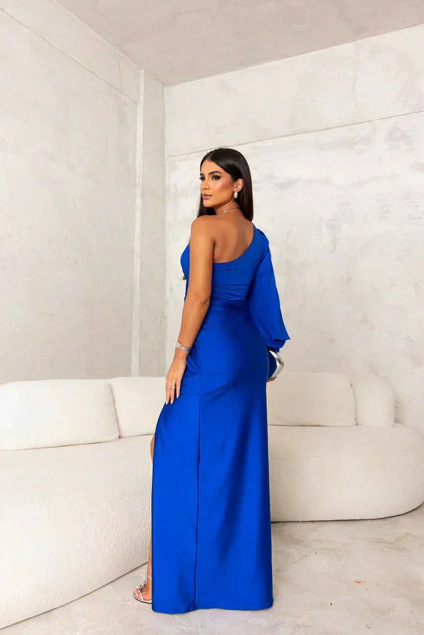 Seraphelle Montverde | Olive Green One-Shoulder Satin Maxi Dress