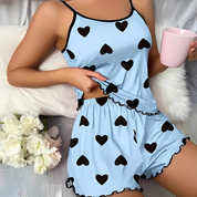 Colette Wyndvale | Heart Print Cami & Shorts Pajama Set in Blue