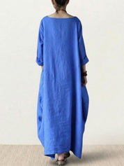 Aurore Bellefontaine | Oversized Blue Linen Boho Maxi Dress with 3/4 Sleeves