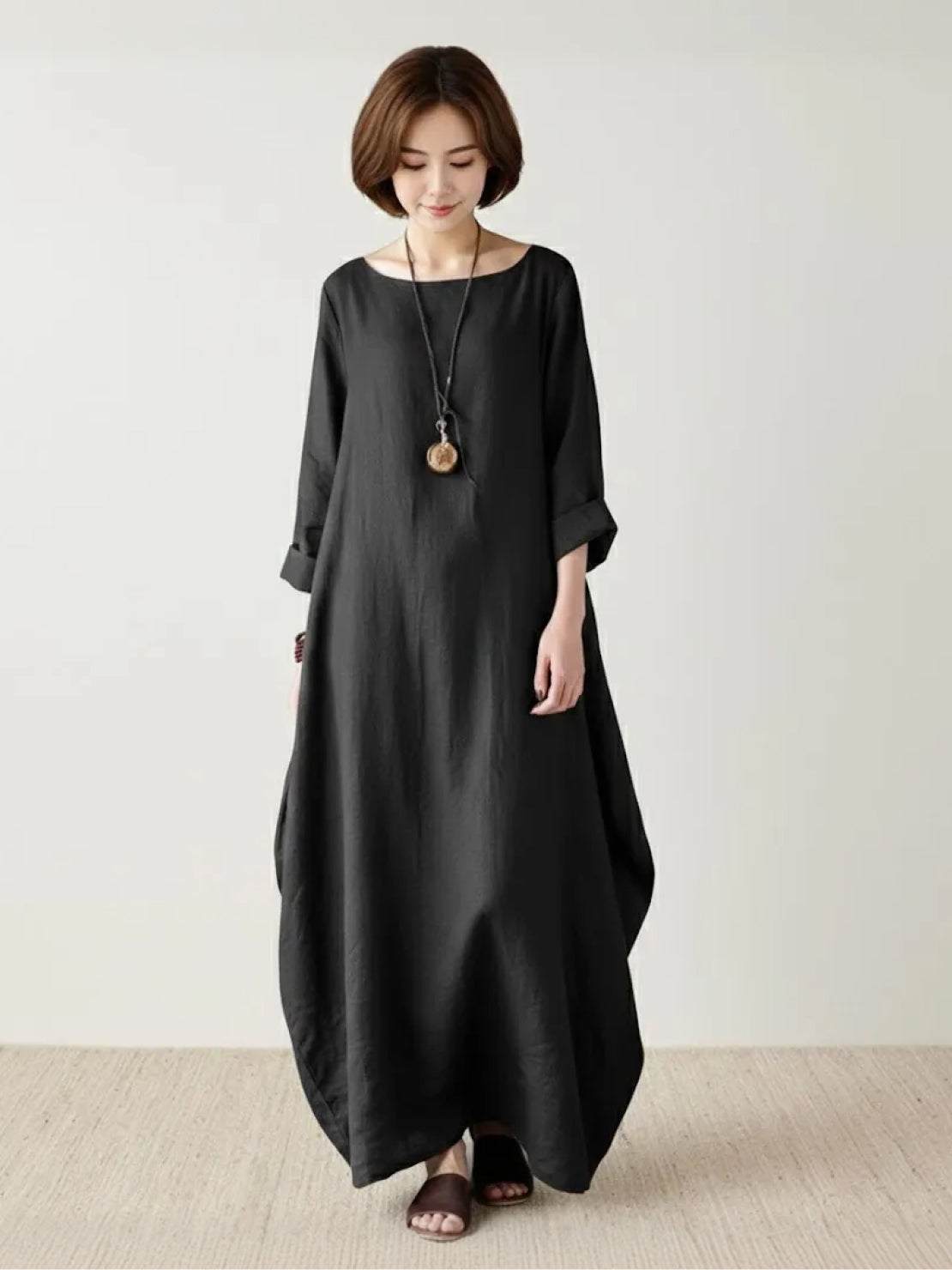 Aurore Bellefontaine | Oversized Blue Linen Boho Maxi Dress with 3/4 Sleeves