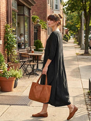 Aurore Bellefontaine | Oversized Blue Linen Boho Maxi Dress with 3/4 Sleeves