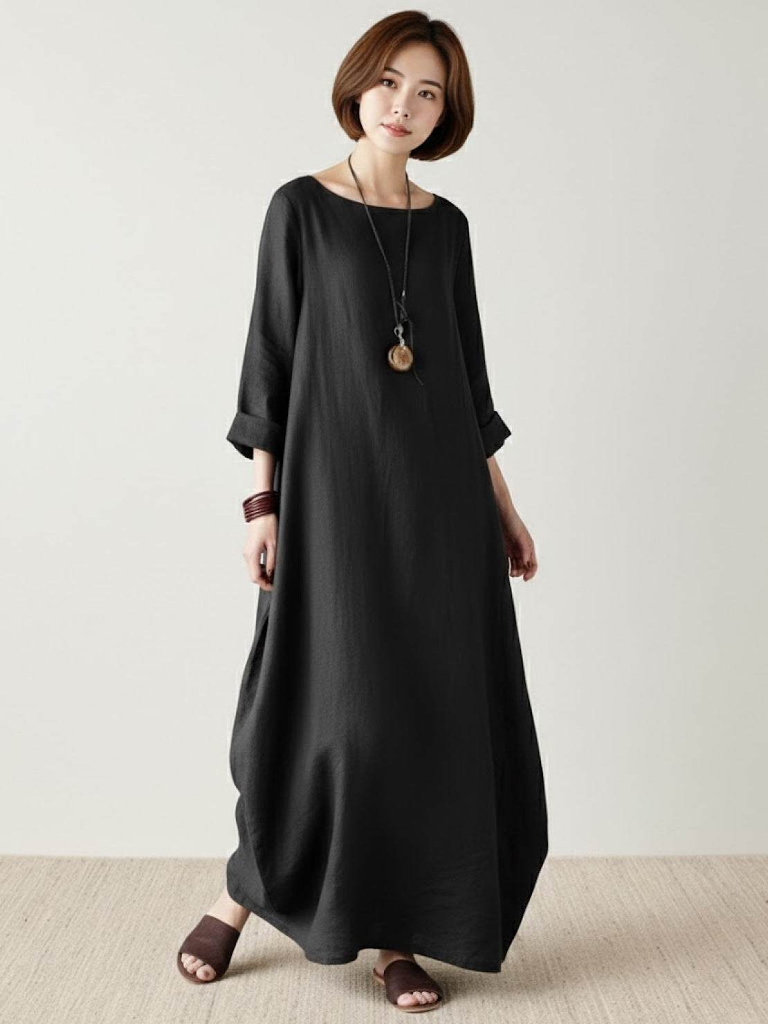 Aurore Bellefontaine | Oversized Blue Linen Boho Maxi Dress with 3/4 Sleeves