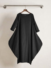 Aurore Bellefontaine | Oversized Blue Linen Boho Maxi Dress with 3/4 Sleeves