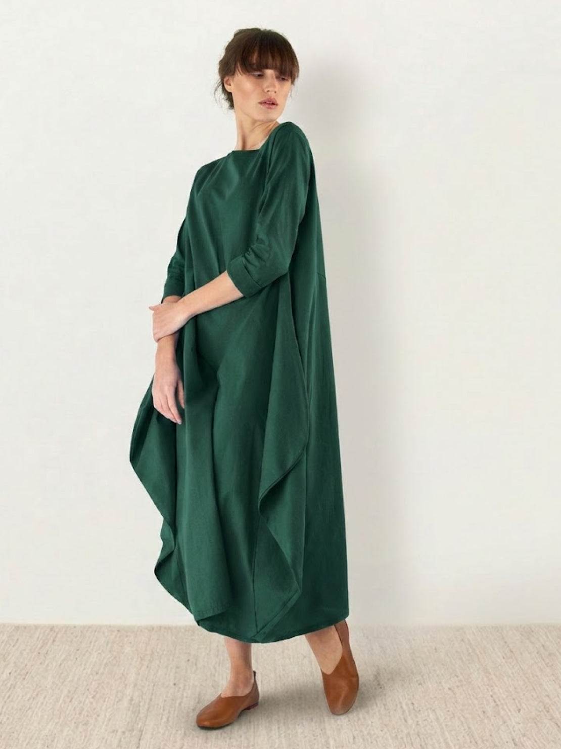 Aurore Bellefontaine | Oversized Blue Linen Boho Maxi Dress with 3/4 Sleeves