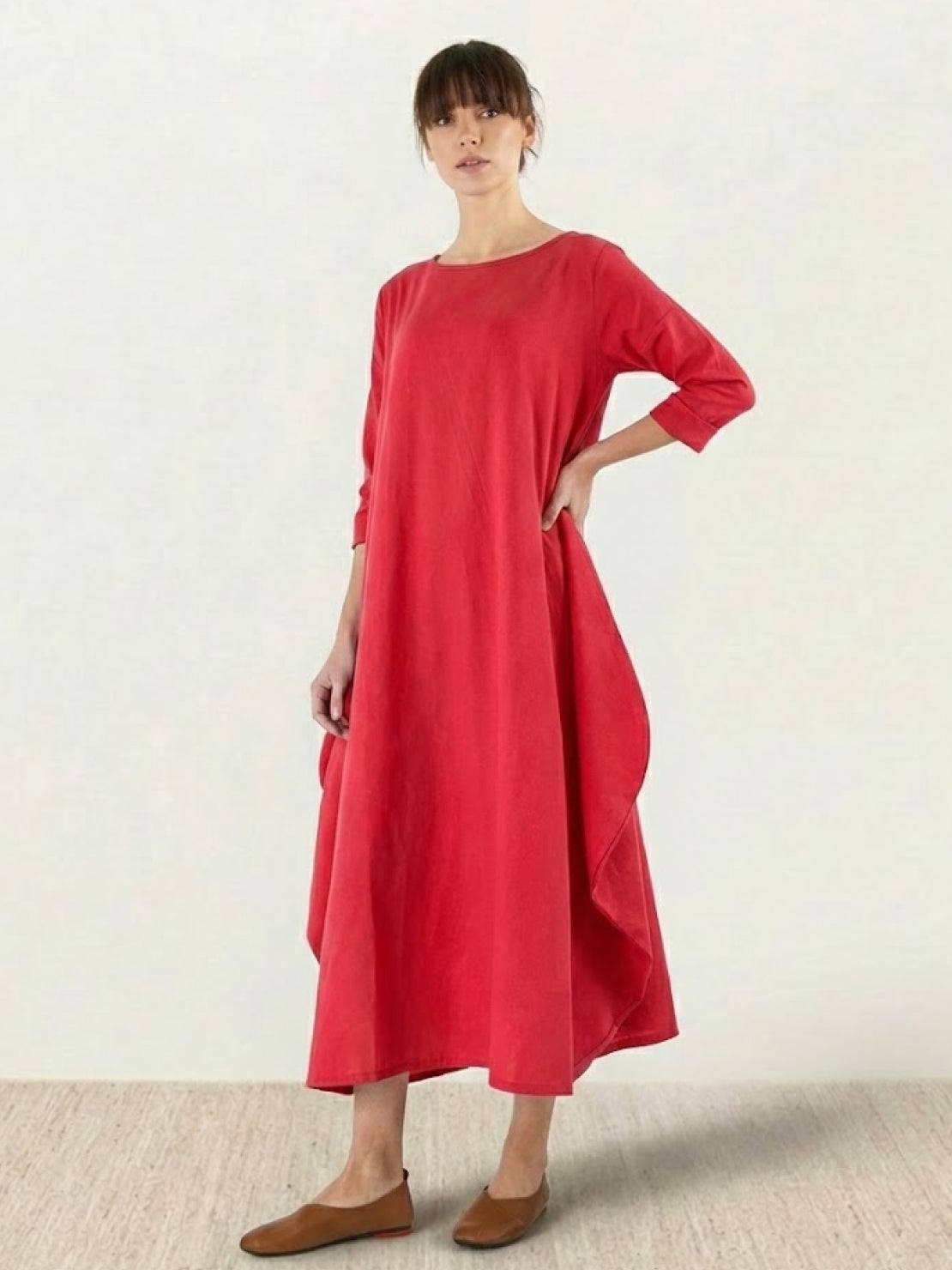 Aurore Bellefontaine | Oversized Blue Linen Boho Maxi Dress with 3/4 Sleeves