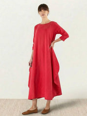 Aurore Bellefontaine | Oversized Blue Linen Boho Maxi Dress with 3/4 Sleeves