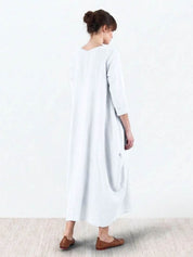 Aurore Bellefontaine | Oversized Blue Linen Boho Maxi Dress with 3/4 Sleeves