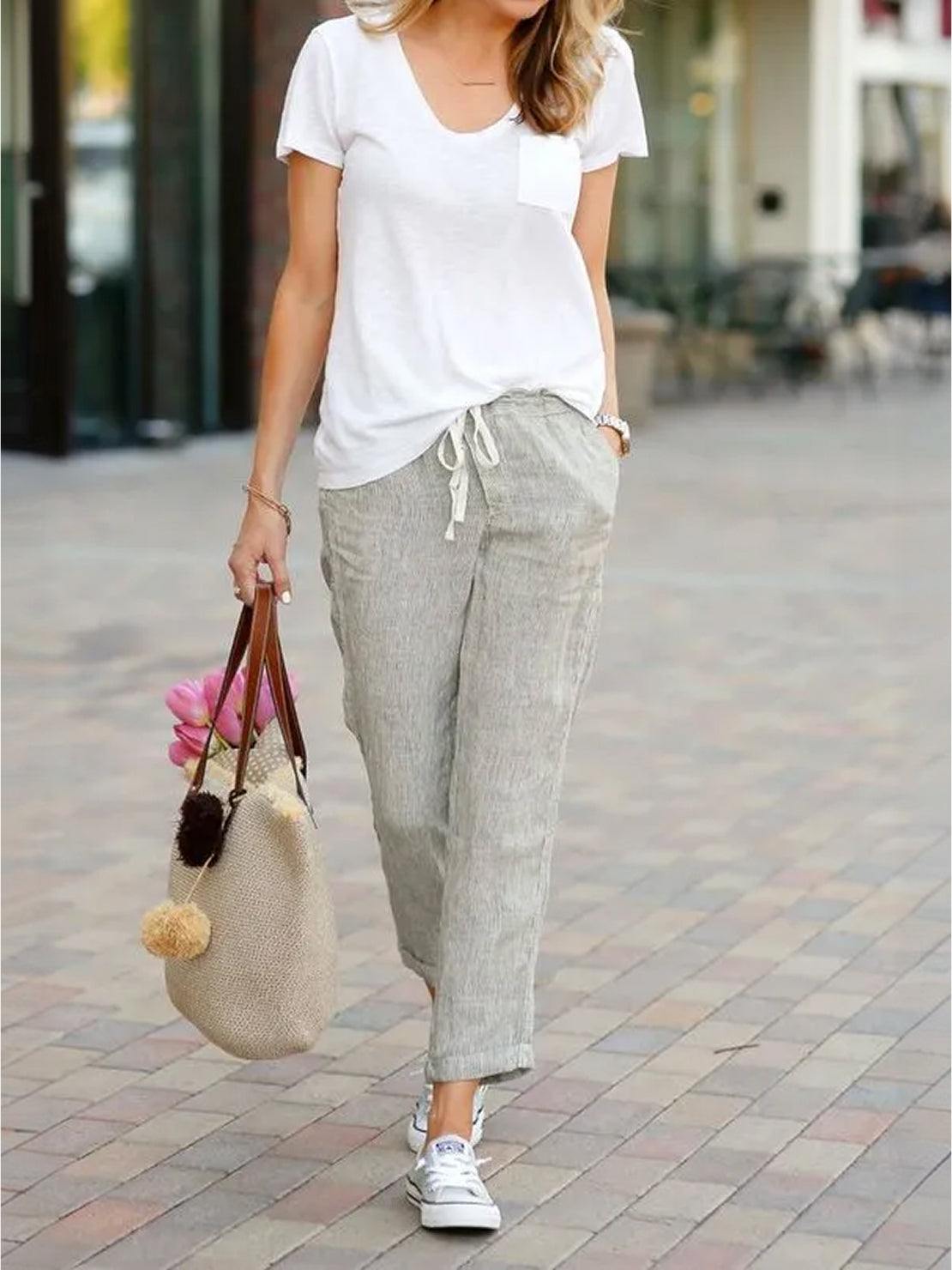 Elaine Beauchamp | Women's Linen-Look Drawstring Straight-Leg Trousers