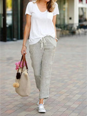 Elaine Beauchamp | Women's Linen-Look Drawstring Straight-Leg Trousers