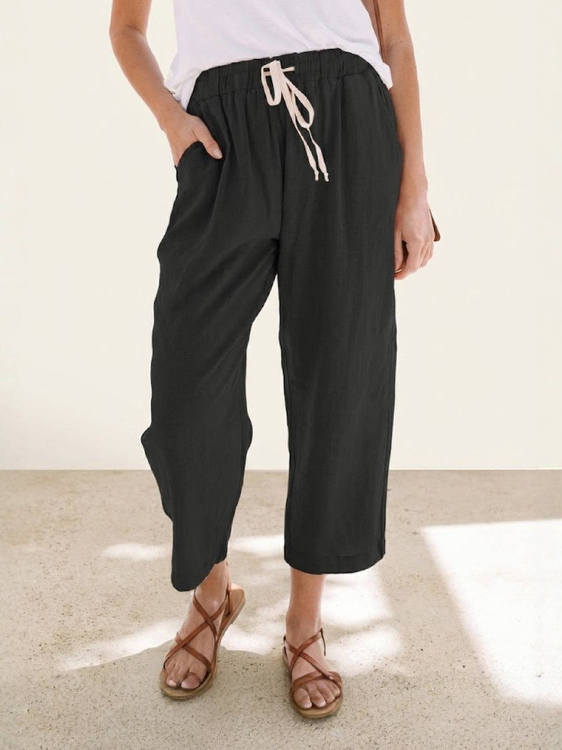 Elaine Beauchamp | Women's Linen-Look Drawstring Straight-Leg Trousers