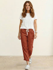 Elaine Beauchamp | Women's Linen-Look Drawstring Straight-Leg Trousers