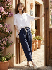 Elaine Beauchamp | Women's Linen-Look Drawstring Straight-Leg Trousers