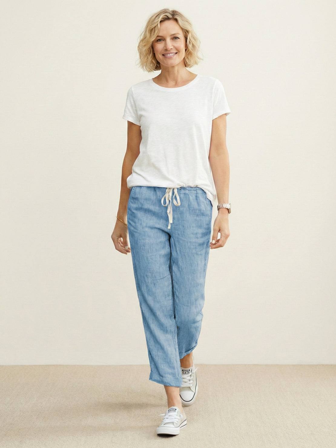 Elaine Beauchamp | Women's Linen-Look Drawstring Straight-Leg Trousers