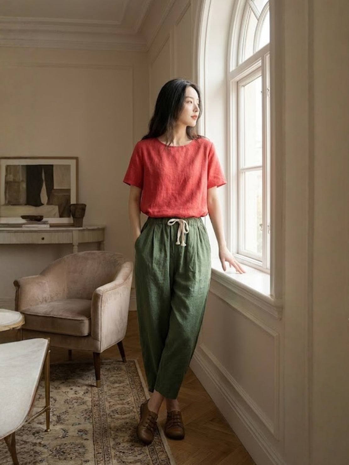 Elaine Beauchamp | Women's Linen-Look Drawstring Straight-Leg Trousers