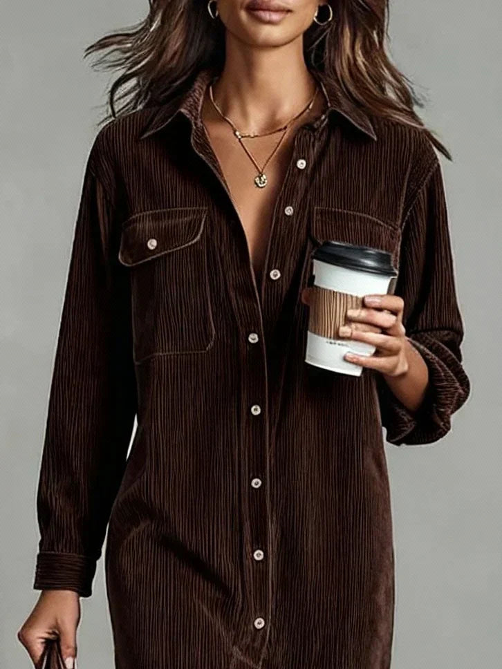 Corinthia Blackwell | Camel Corduroy Midi Shirt Dress
