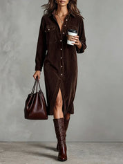 Corinthia Blackwell | Camel Corduroy Midi Shirt Dress