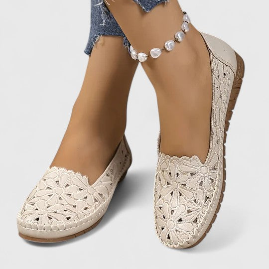 Celestine Fairvaux | White Hollow-Cut Slip-On Flat Loafers