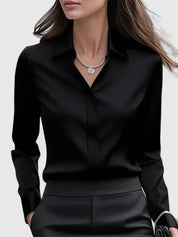 Vivienne Hartwell | Navy Blue Satin Long-Sleeve Button-Down Shirt