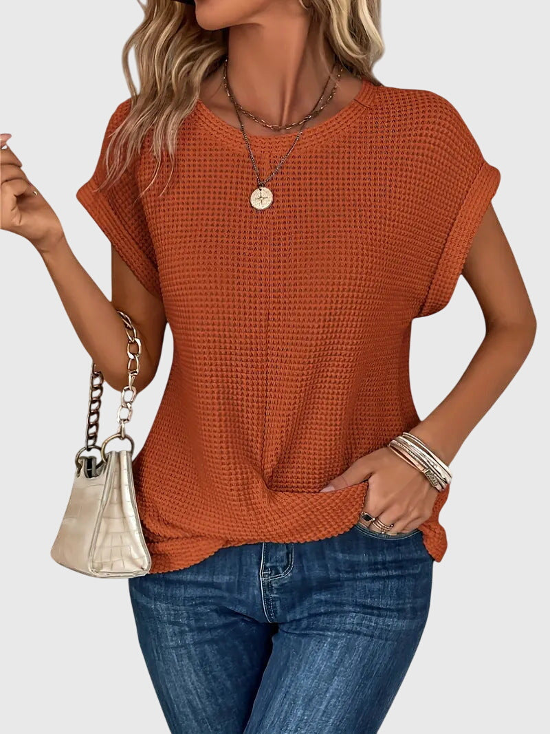 Thalia Wentmore | Rust Orange Waffle Knit Crew Neck Blouse