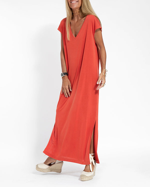 Margeline Vossclair | Coral V-Neck Side Slit Maxi Dress