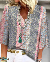 Elaine Vossberg | Ditsy Floral Patchwork V-Neck 3/4 Sleeve Top
