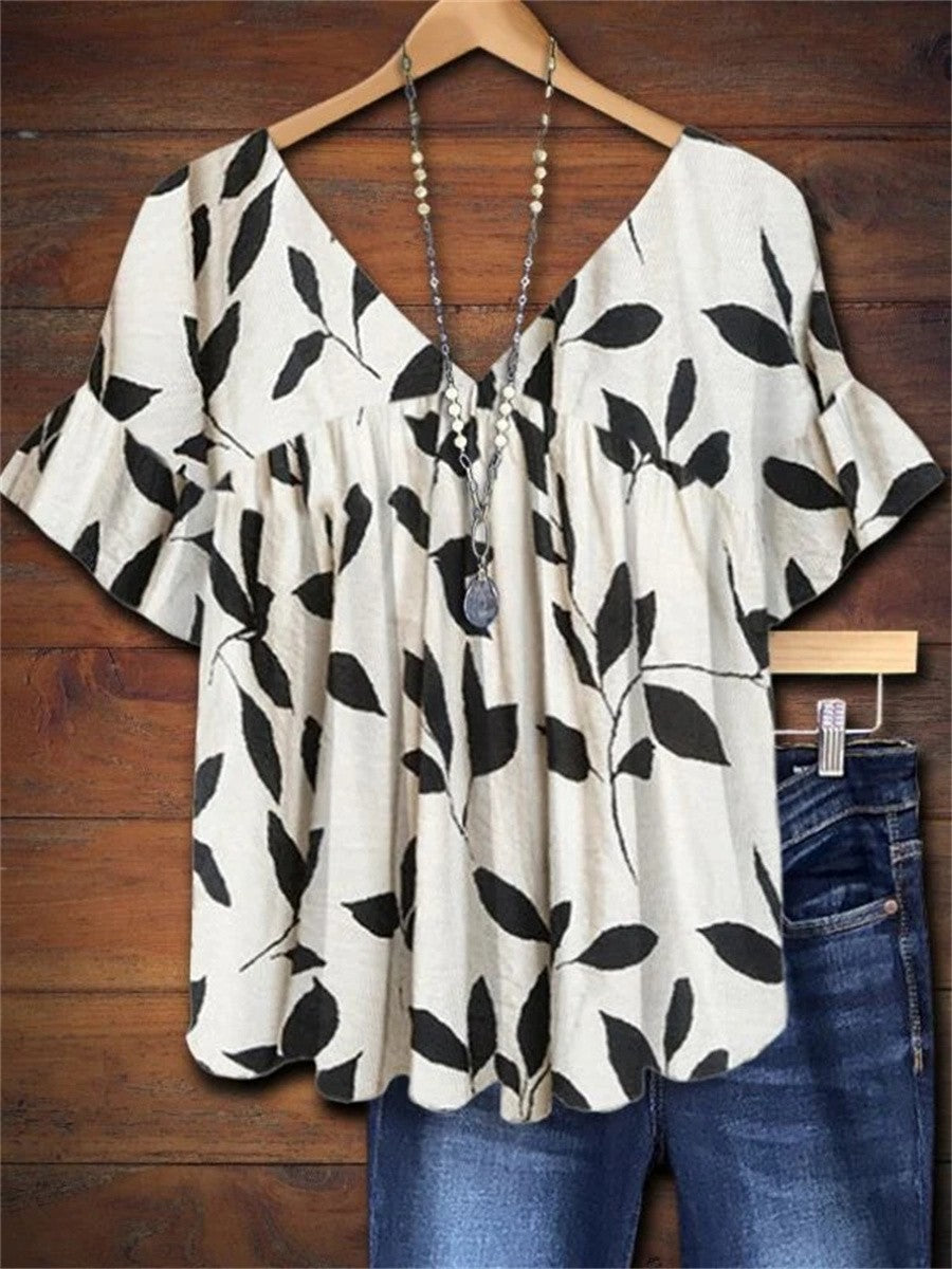 Simone Beauchêne | Leaf Print V-Neck Ruffle Short Sleeve Blouse