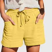 Améline Chartreuse | Cotton Gauze Drawstring Shorts in Khaki