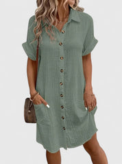 Arabella Winslow | Yellow Button-Down Short Sleeve Mini Shirt Dress