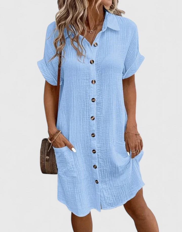 Arabella Winslow | Yellow Button-Down Short Sleeve Mini Shirt Dress