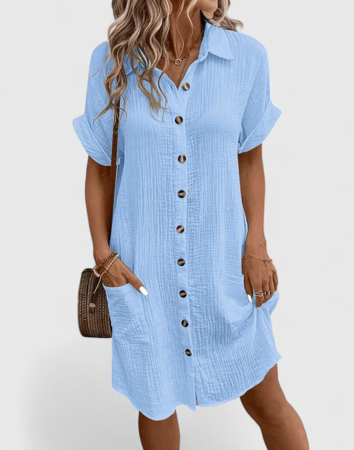 Arabella Winslow | Yellow Button-Down Short Sleeve Mini Shirt Dress